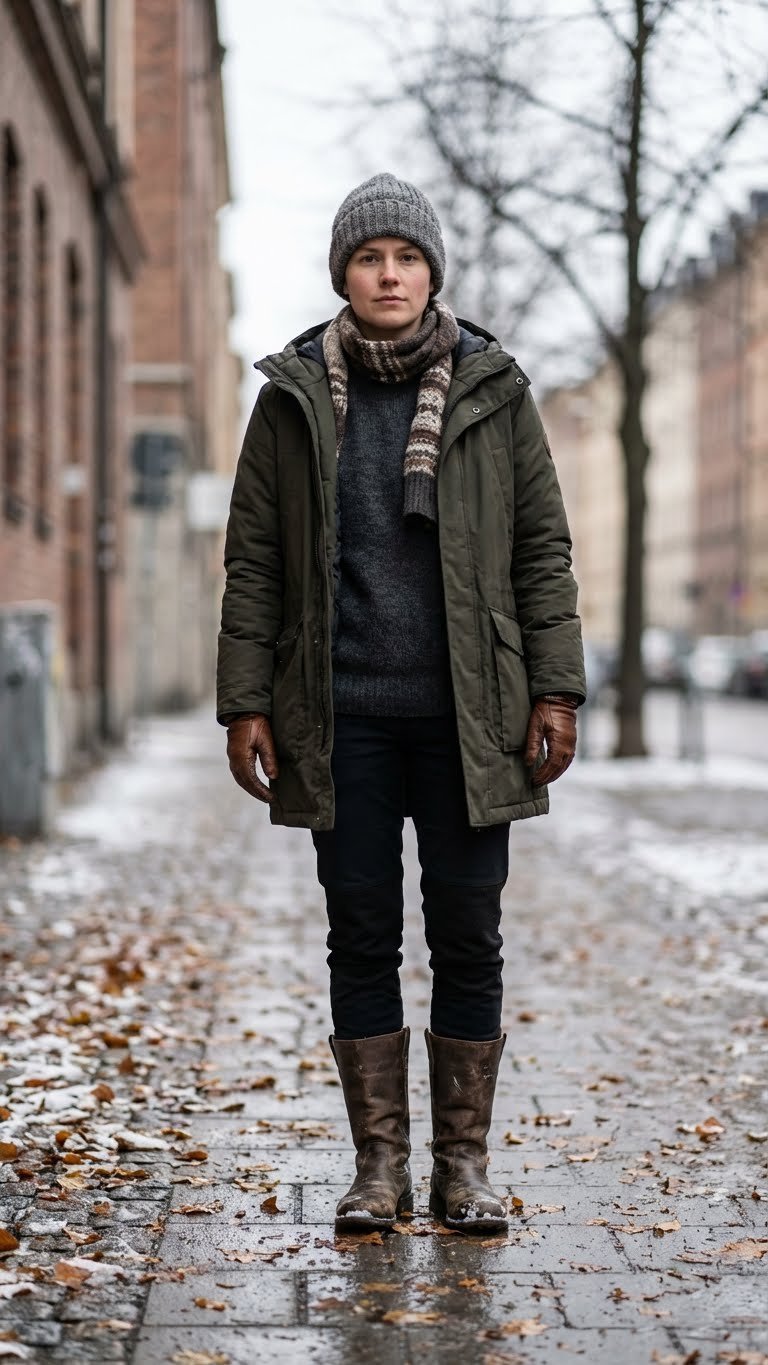 Confident individual in a durable parka and winter boots prepared for diverse European winter conditions.