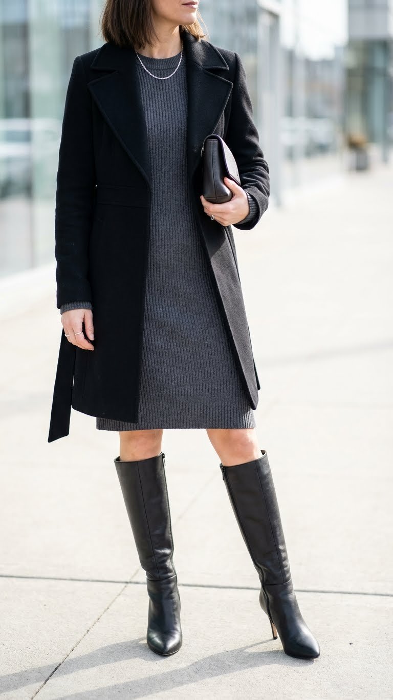 Confident individual in a sophisticated charcoal knit sweater dress, black wool coat, and knee-high stiletto boots on a city sidewalk.