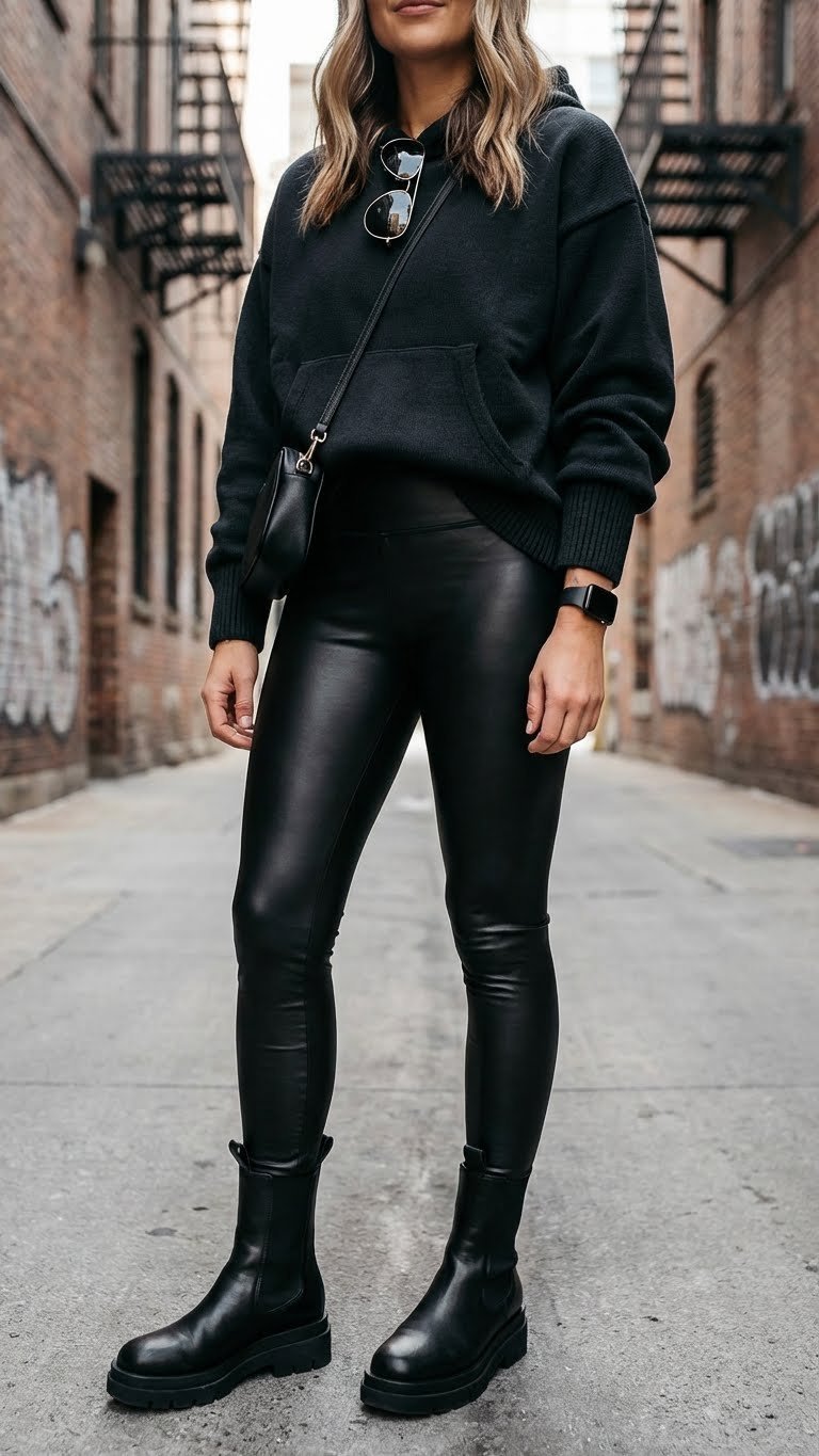 Confident individual wears black faux leather leggings, an oversized hoodie, and chunky Chelsea boots in a brick-lined urban alleyway.