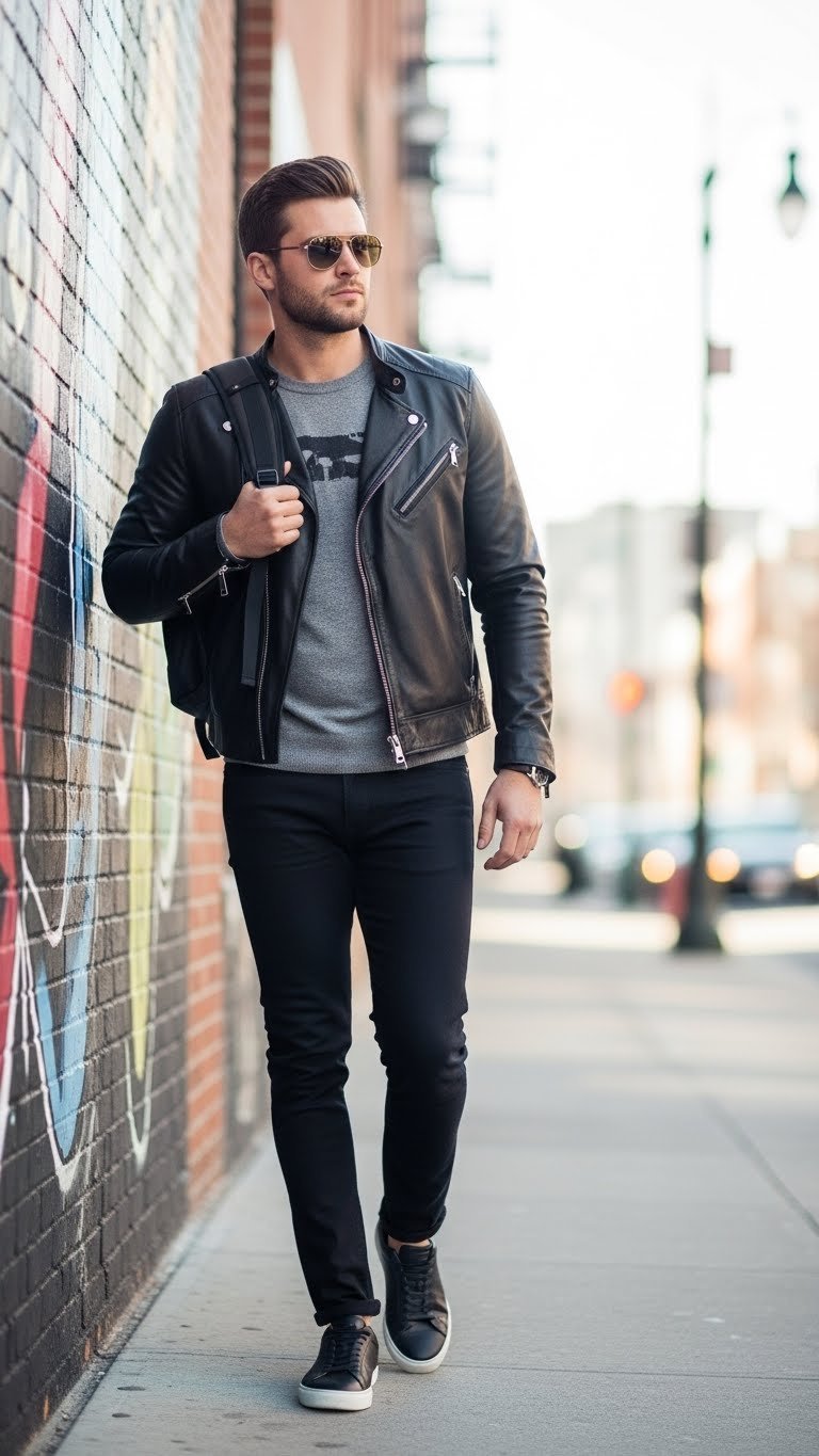 Confident man in leather jacket and graphic tee walking on city street with urban backdrop for casual Valentine's Day outing