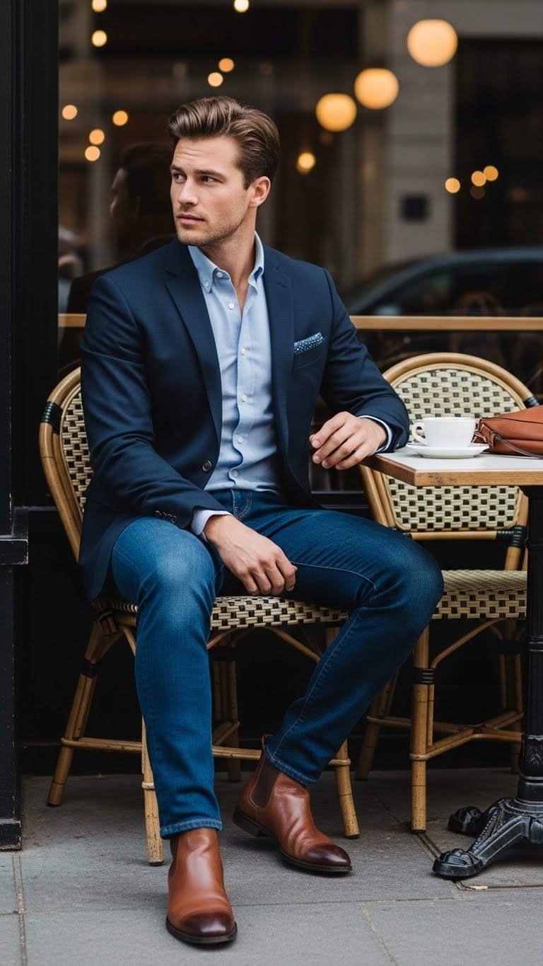 Confident man in navy blazer and light blue Oxford shirt seated at trendy cafe with soft bokeh background for Valentine's Day date outfit