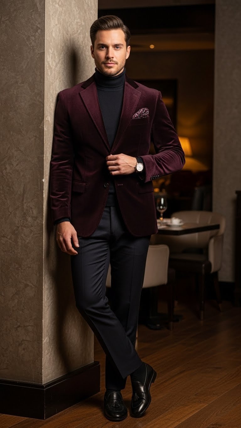 Confident man in velvet blazer and dark trousers standing in dimly lit lounge with soft ambient lighting for elegant Valentine's evening