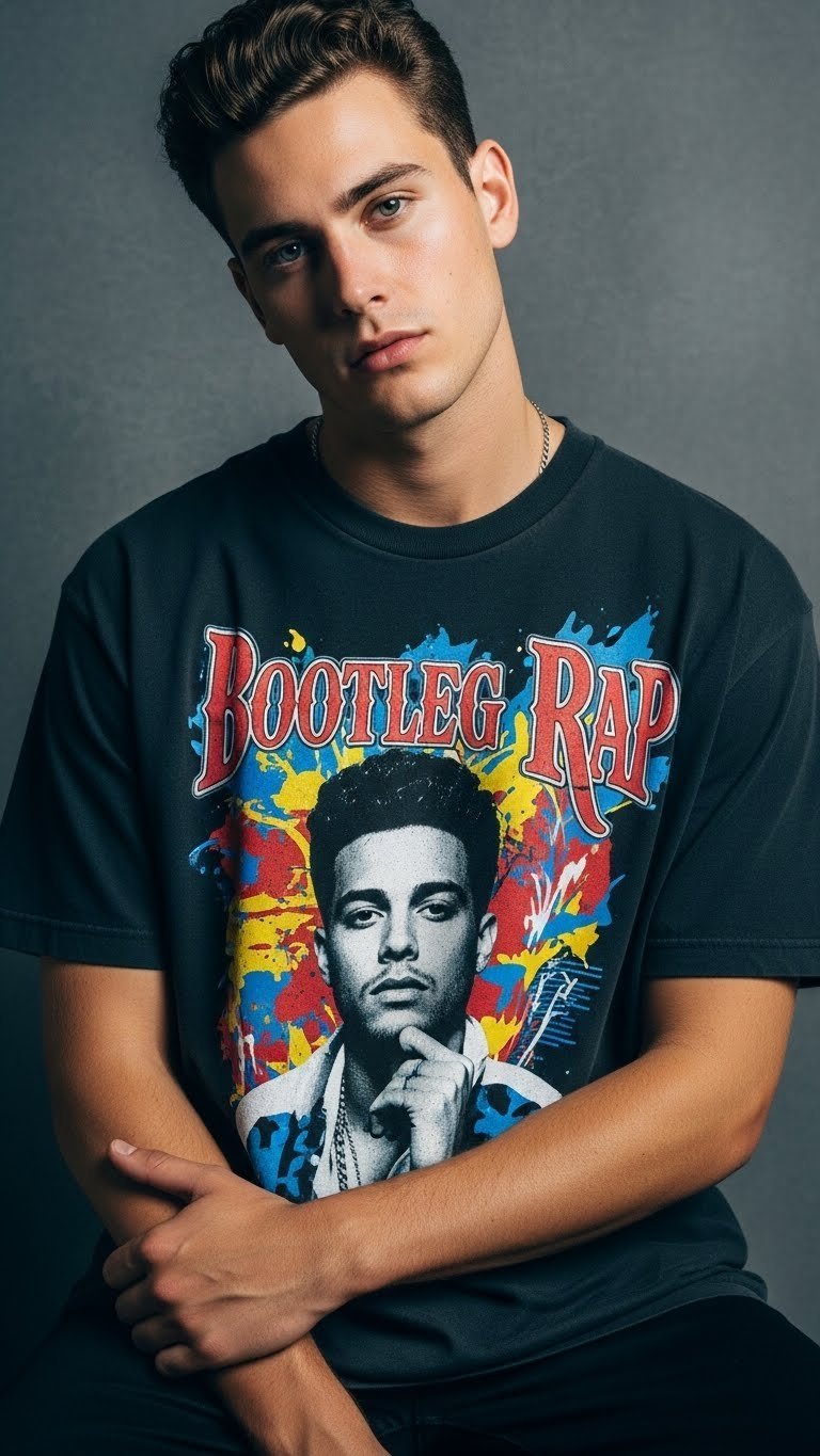 Confident man wearing black t-shirt with vibrant bootleg rap collage featuring stylized portrait image