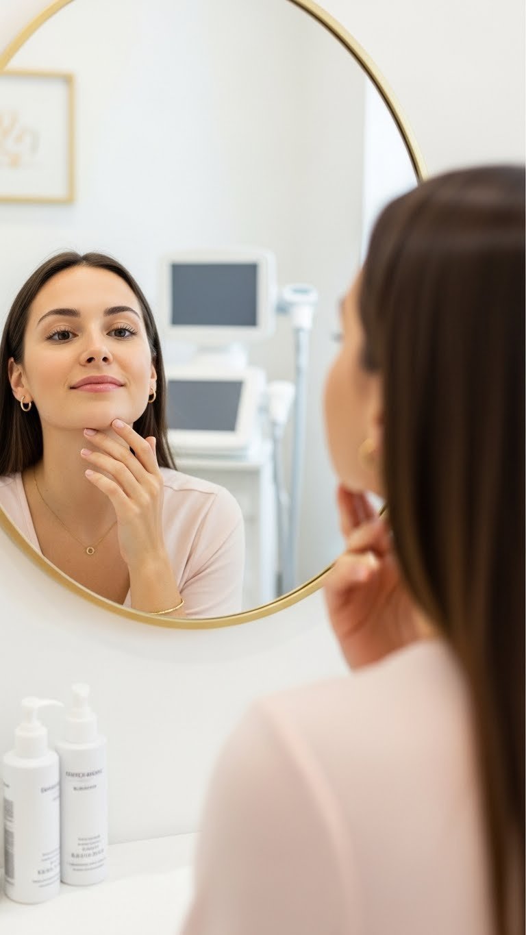 Confident woman admiring her smooth hair-free skin in mirror after successful professional hair removal treatment