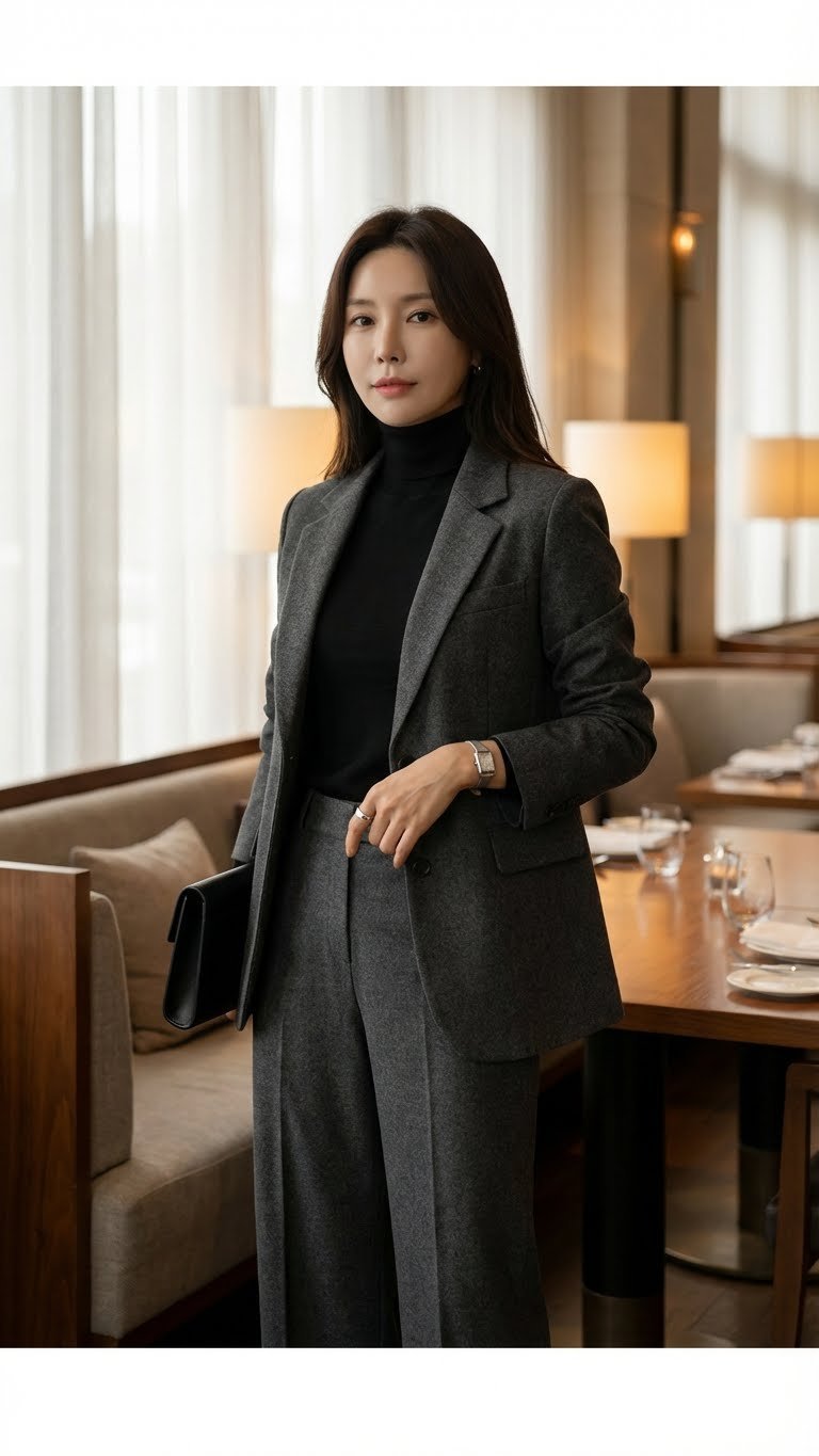Confident woman in charcoal gray wide-leg trousers and a tailored blazer in an elegant restaurant setting.
