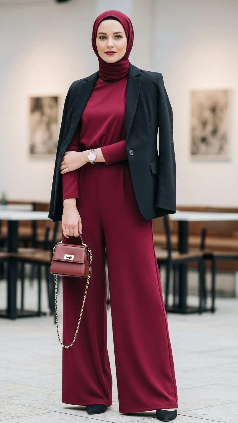 Confident woman in chic cranberry jumpsuit and tailored blazer, standing chest-up in urban cafe setting with minimalist background.