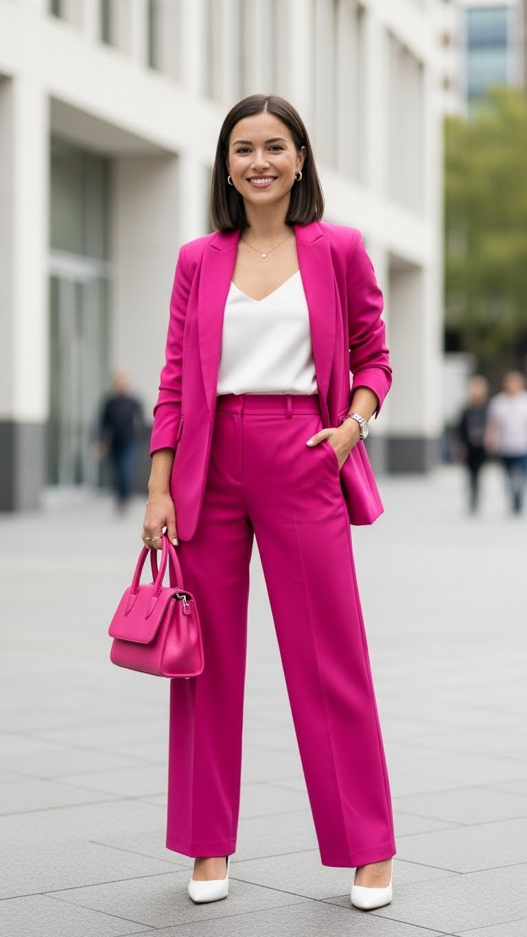 Confident woman wearing bold pink power suit with white pumps in modern architectural space