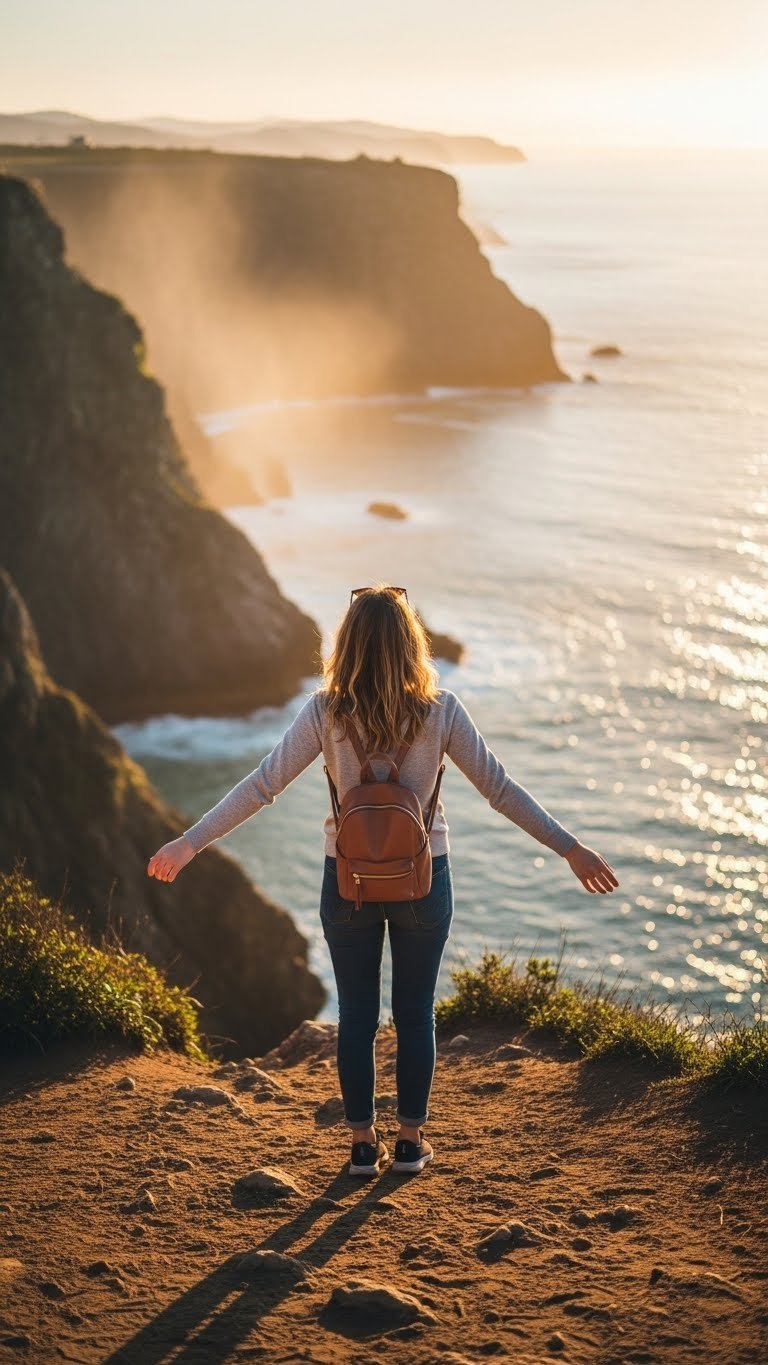 Confident young woman with arms outstretched overlooking vibrant blue ocean sunset from cliff edge during golden hour.