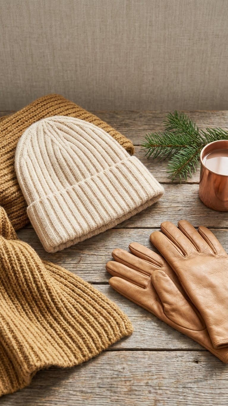 Coordinated cashmere beanie, chunky knit scarf, leather gloves on wood, showcasing warm textures for winter accessories.