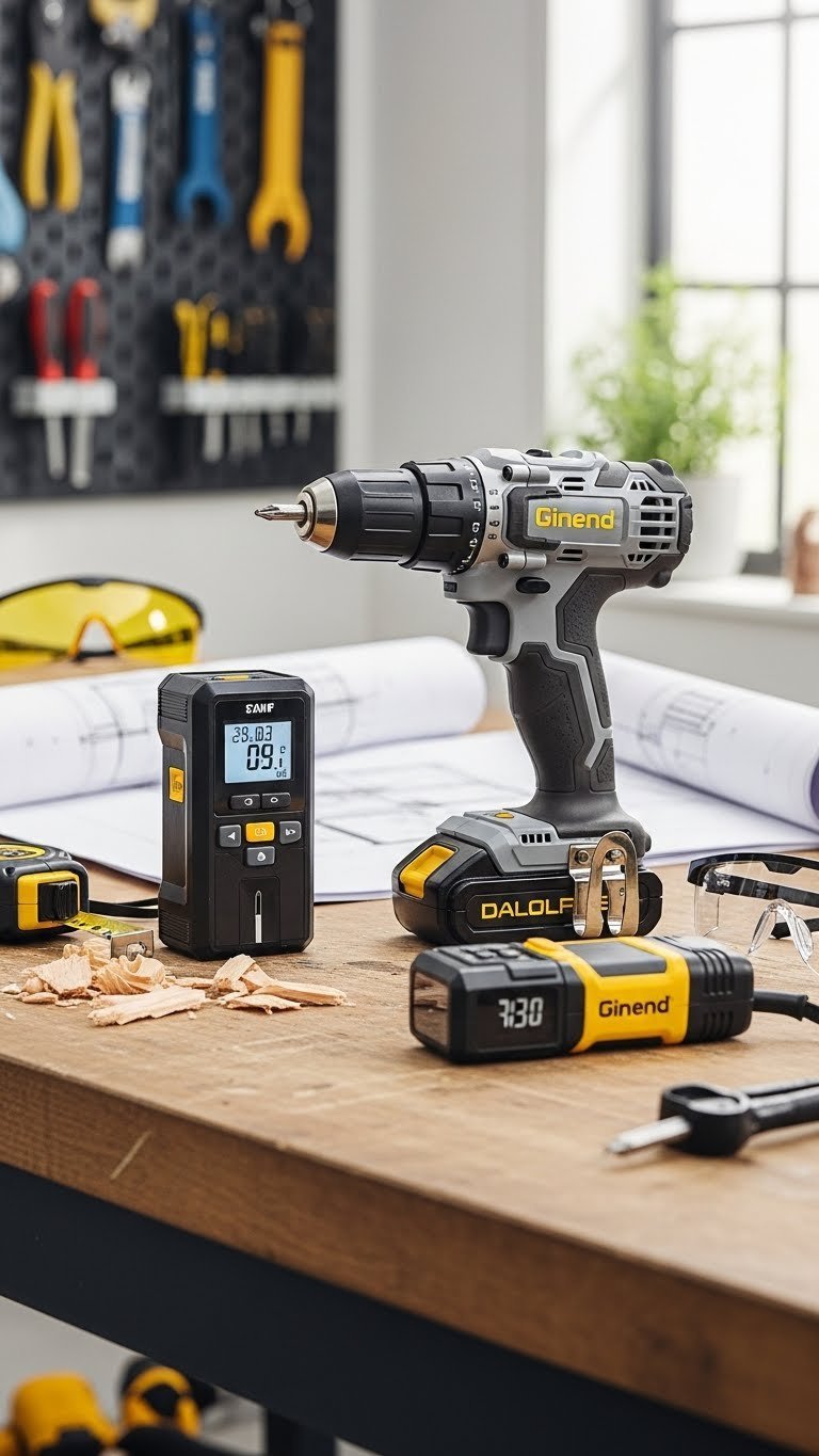 Cordless drill, smart stud finder, and laser measuring tool arranged on rustic wooden workbench with safety glasses