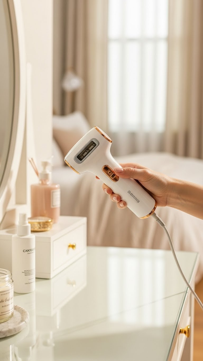 Cordless rechargeable IPL hair removal device held effortlessly in elegant bathroom vanity setting