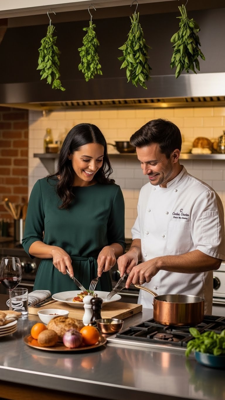 Couple enjoying private gourmet cooking class with chef in rustic kitchen preparing sophisticated dish