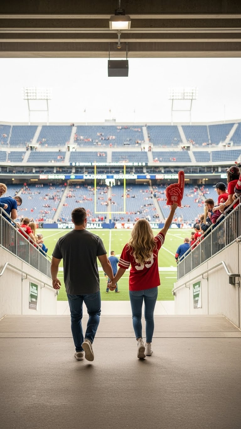 Couple entering football stadium tunnel with vibrant green field visible and stadium lights overhead