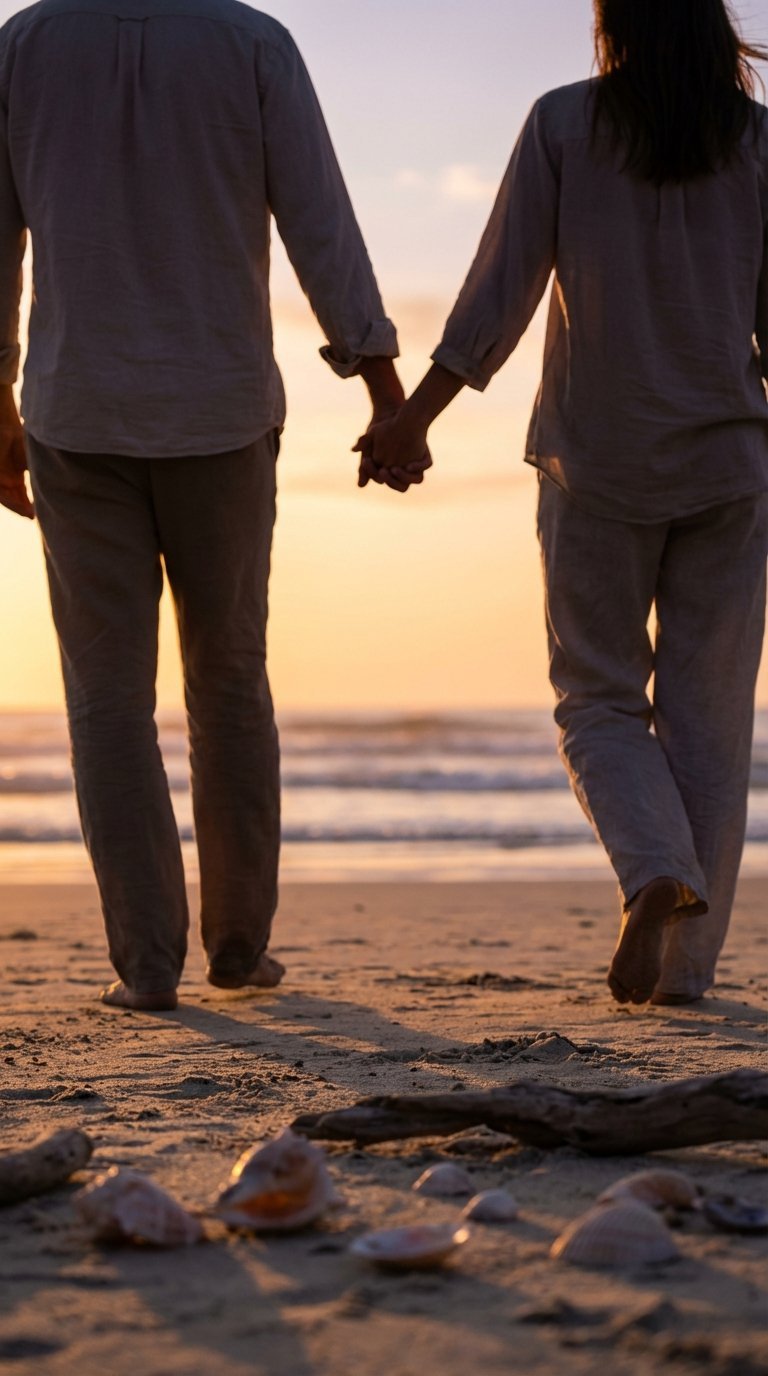 Couple holding hands during sunset beach walk silhouetted against golden hour light