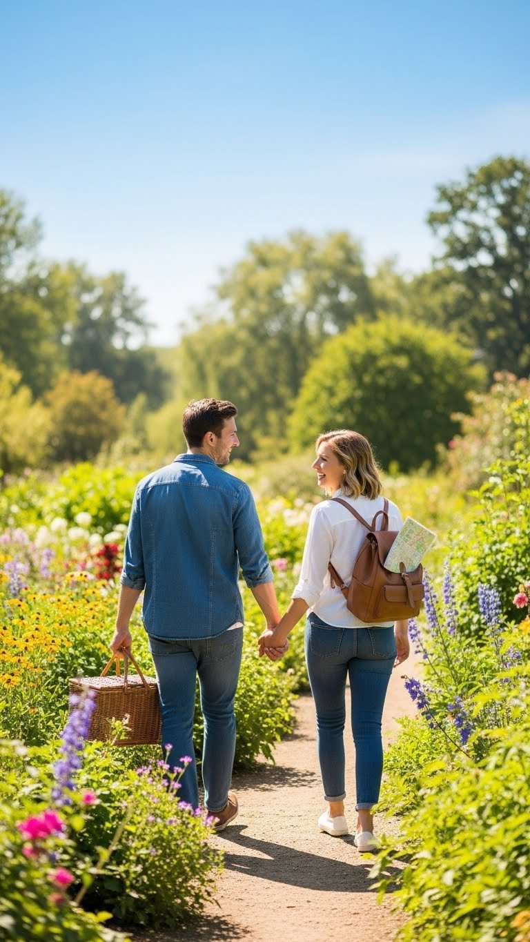 Couple holding hands walking down sun-dappled path in botanical garden with backpack and picnic basket
