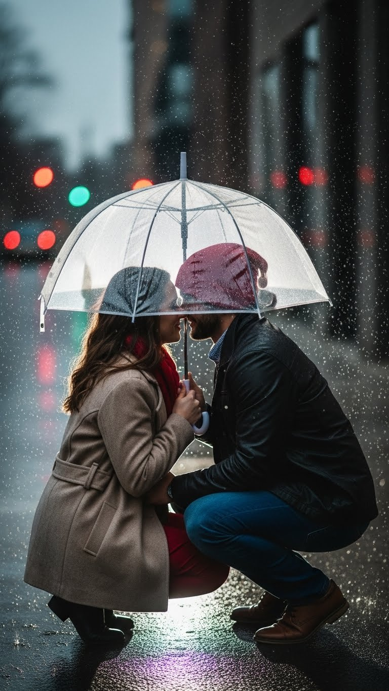 Couple huddled intimately under clear umbrella with simulated raindrops in moody urban rainy day setting