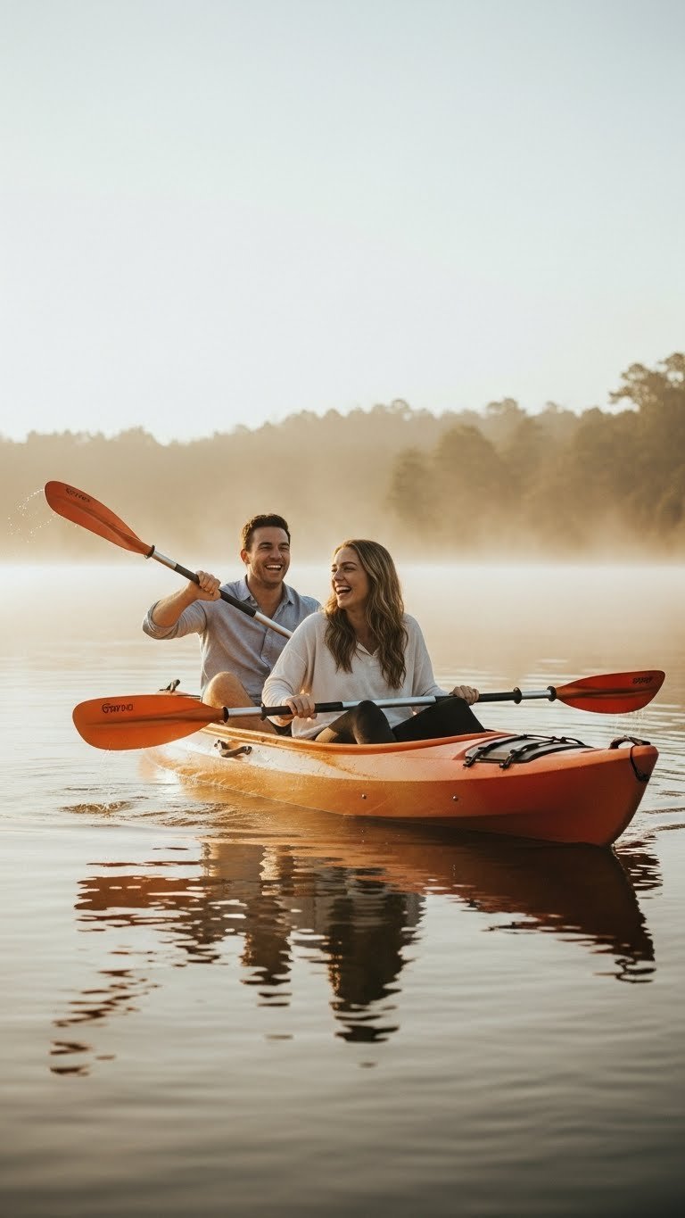 Couple kayaking through misty lake at sunrise during golden hour outdoor adventure experience
