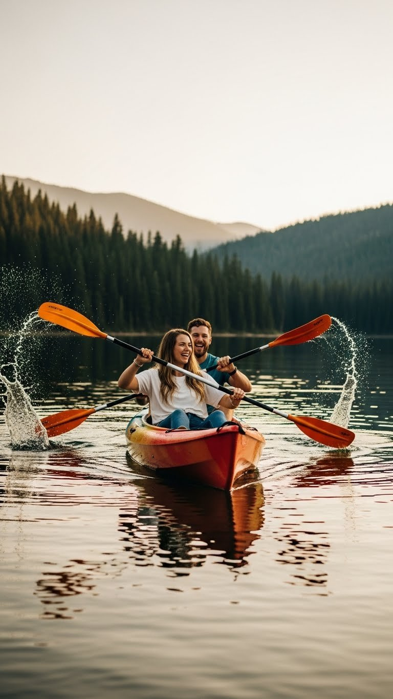 Couple kayaking together on serene lake during golden hour sunset