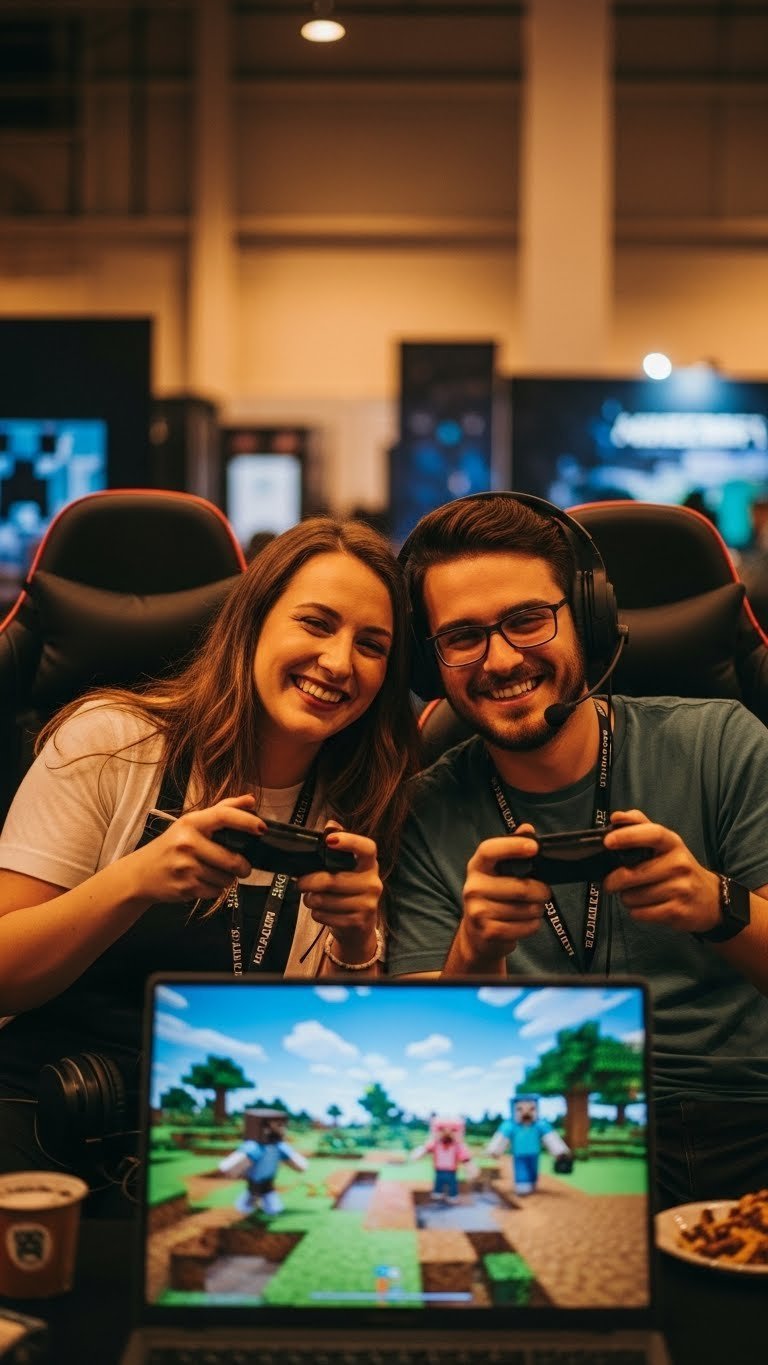 Couple smiling while playing Minecraft together with gaming monitors and controllers visible in golden hour lighting.