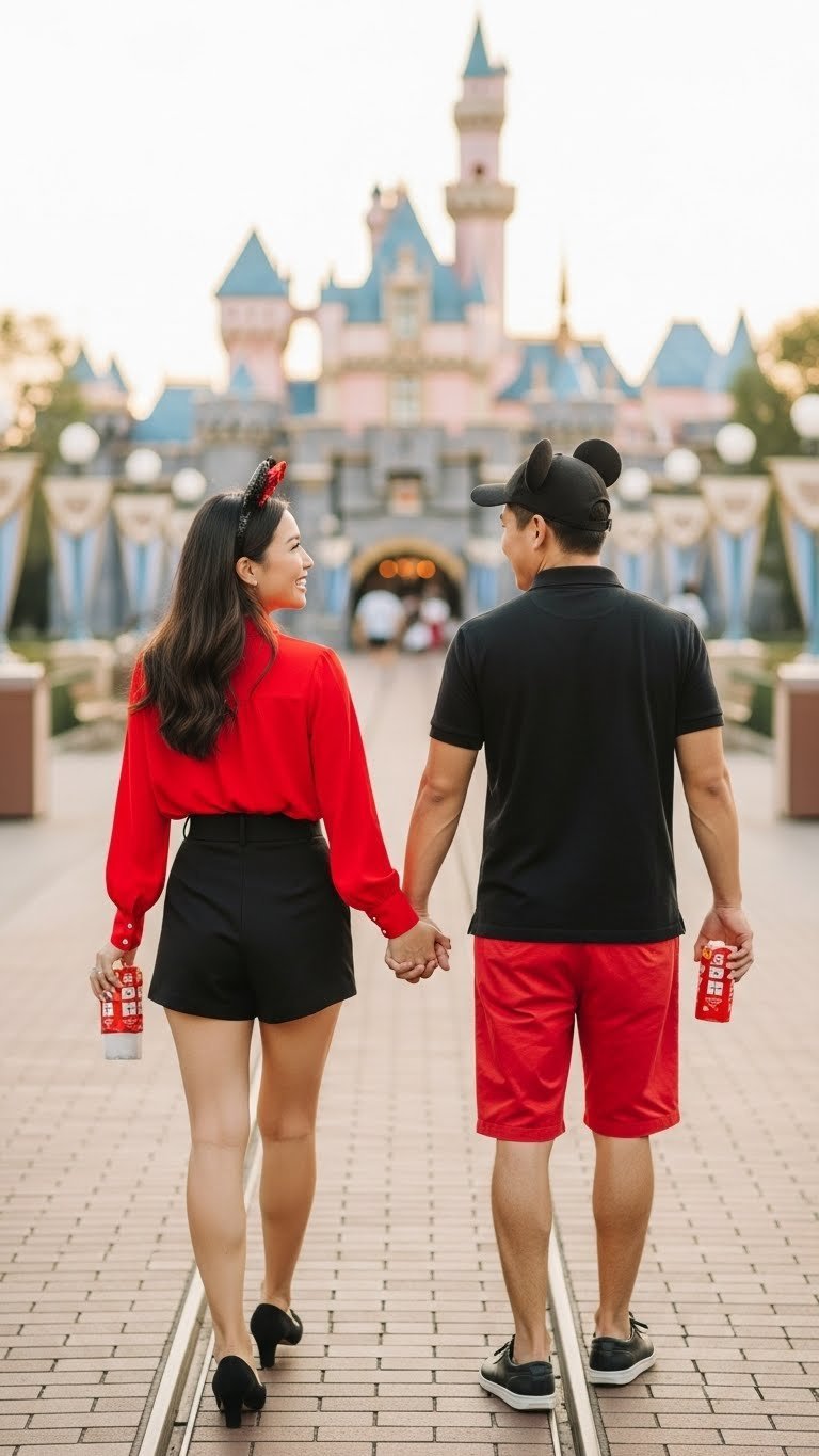 Couple walking hand-in-hand in subtle Mickey and Minnie Disneybounding outfits during golden hour at Disneyland