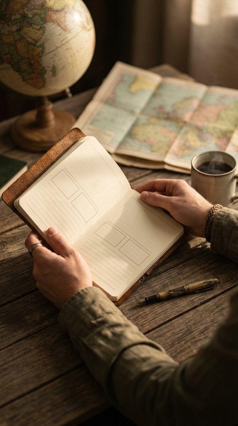 Couple's adventure journal held open by male and female hands on rustic table with travel-themed background