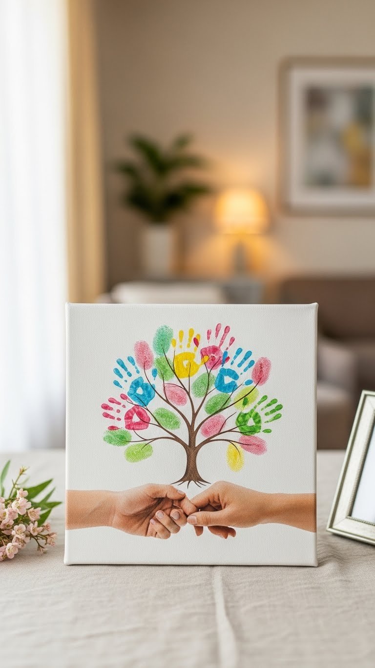 Couple's handprint tree canvas with colorful fingerprints forming leaves on painted tree in sentimental home decor.