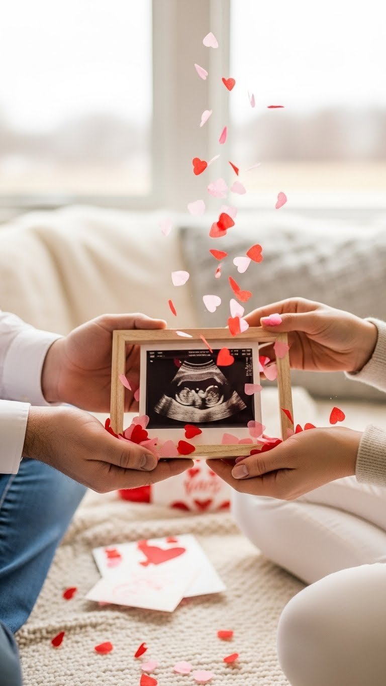 Couple's hands holding framed ultrasound photo with falling red and pink heart confetti in bright celebratory setting.