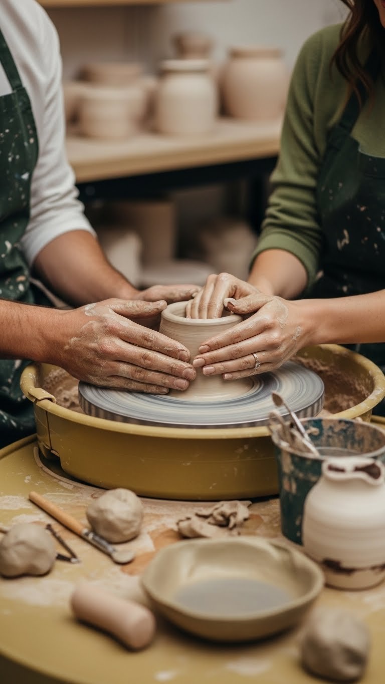 Couples pottery class showing hands shaping clay on wheel in rustic art studio with soft window lighting.