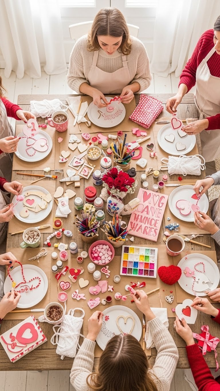 Cozy DIY Valentine's decorating workshop with friends crafting wooden hearts, garlands, and festive decorations on rustic table