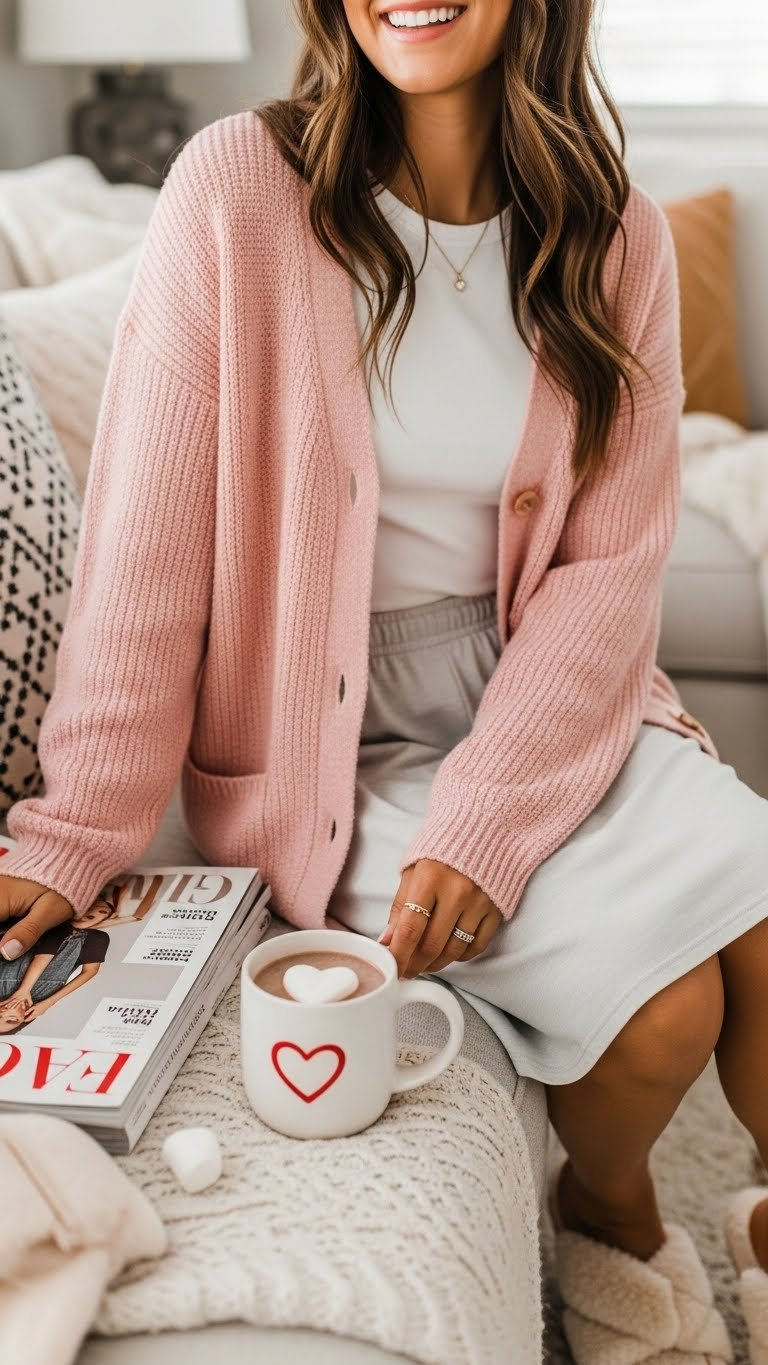 Cozy Galentine's Day lounge outfit with oversized pink cardigan over white tee and cream tennis skirt on plush sofa