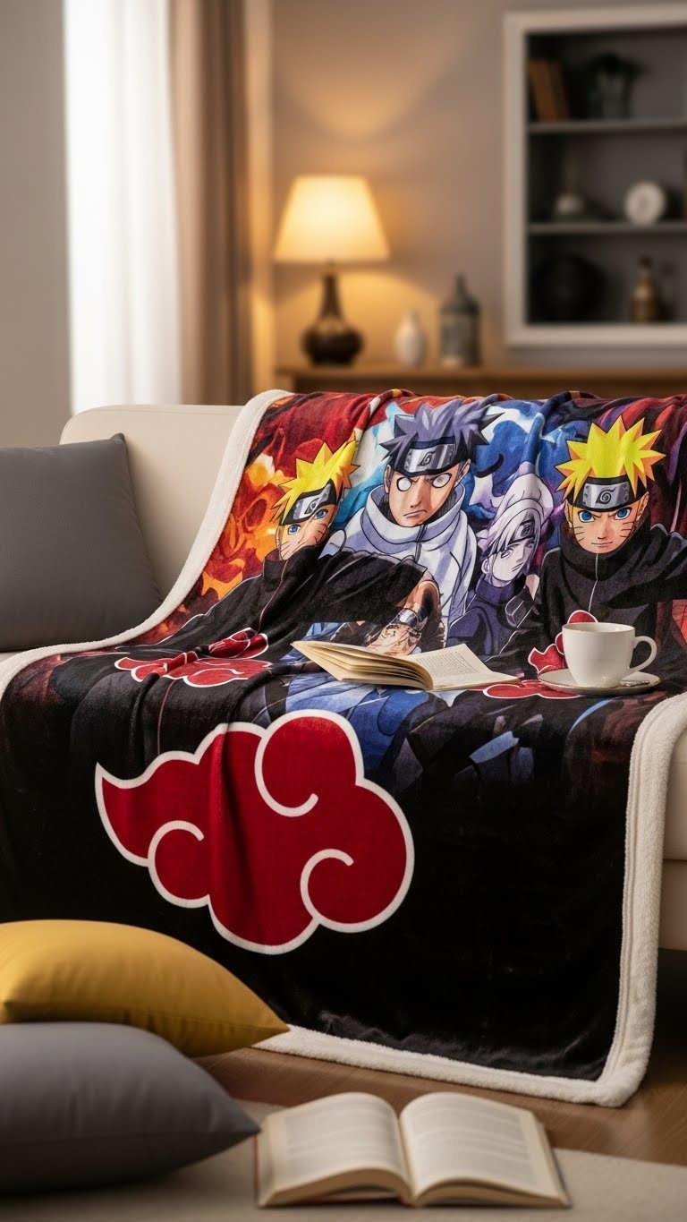 Cozy Naruto blanket draped over plush sofa with warm golden hour lighting and decorative pillows