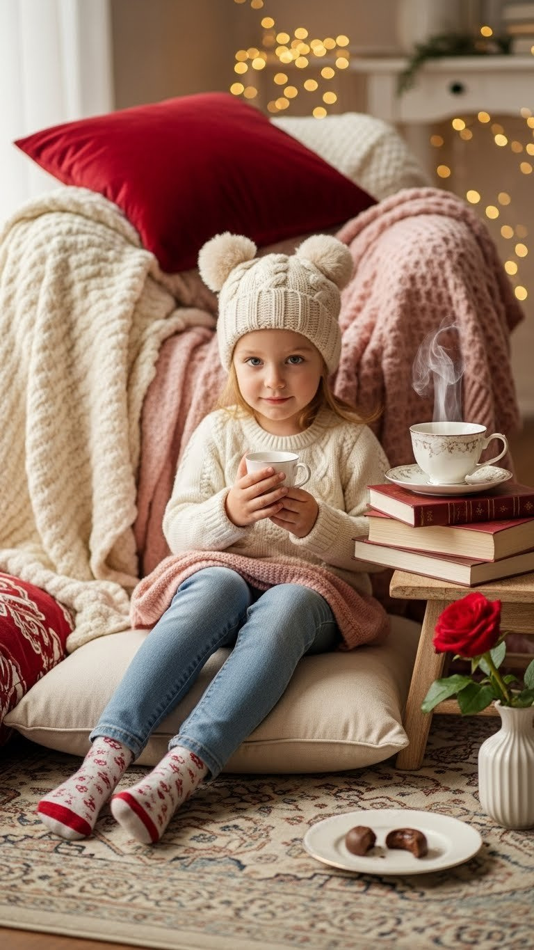 Cozy Valentine's Day love nook with cream, blush pink, and red blankets draped over plush armchair next to romance novels and teacup