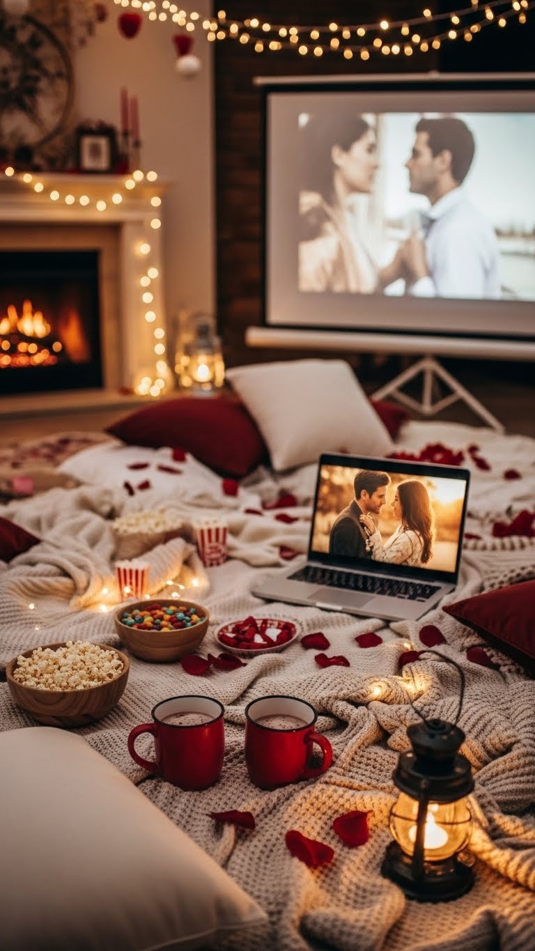 Cozy Valentine's Day movie night setup with blankets, pillows, fairy lights, popcorn, and romantic movie display