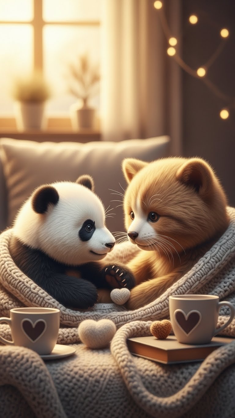 Cozy animal matching PFPs showing cuddly pandas snuggling on soft knitted blanket with warm lighting