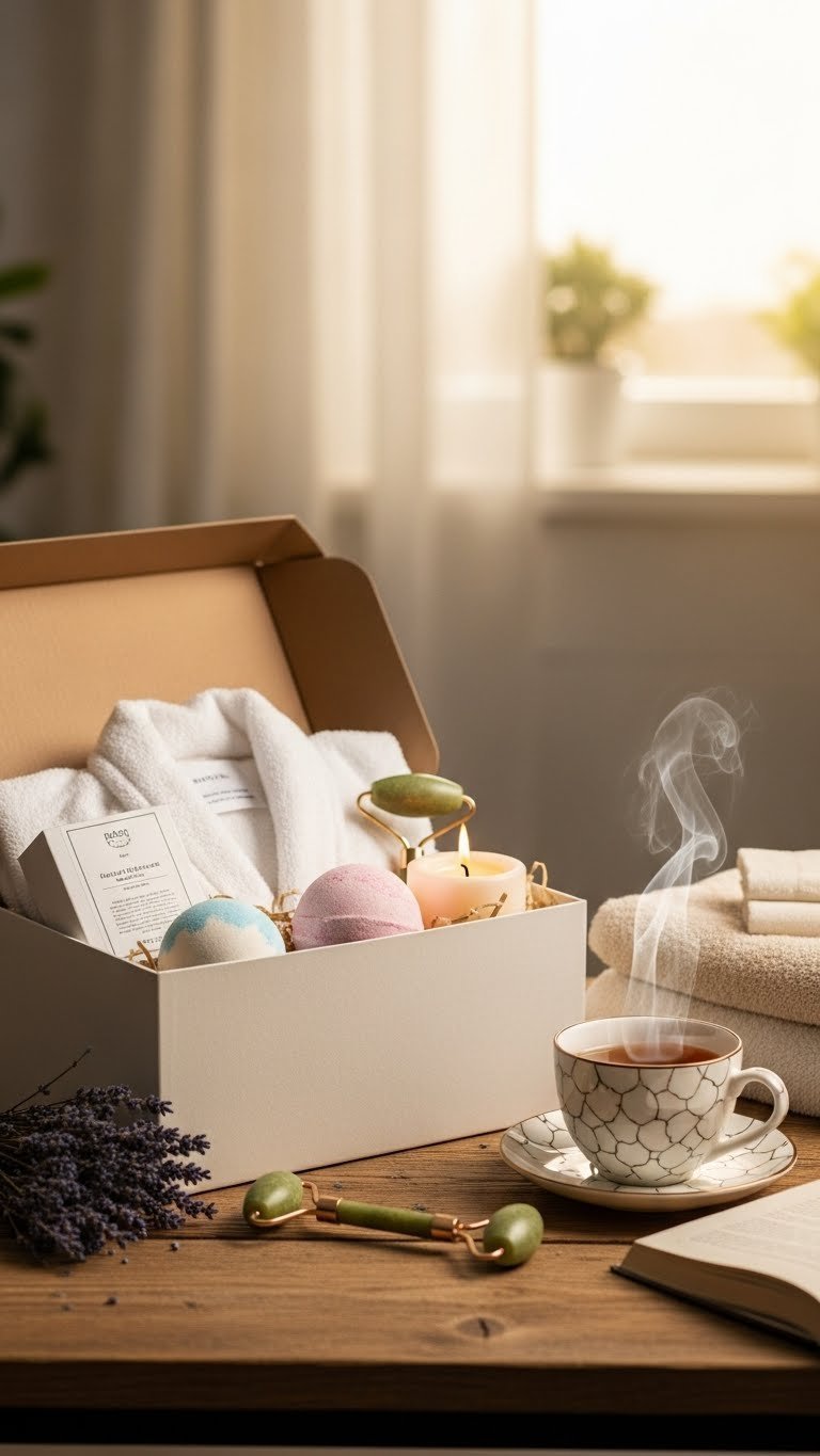 Cozy at-home spa relaxation items including plush white robe, scented candle, bath bomb, jade roller, and steaming tea cup