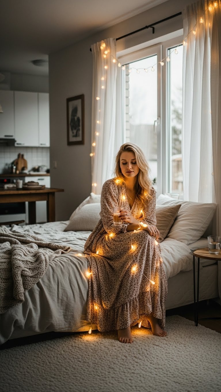 Cozy bedroom at night with warm LED fairy lights draped around headboard creating intimate romantic ambiance