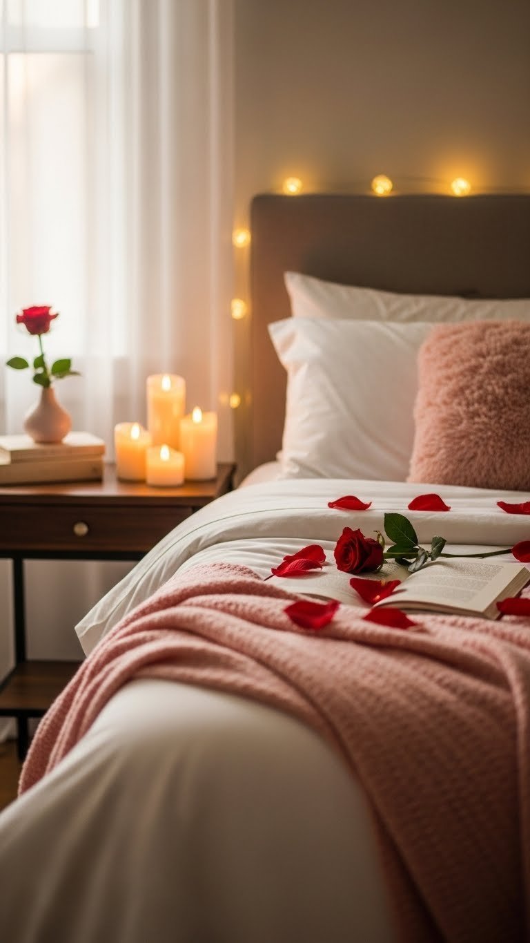 Cozy bedroom corner with white linens, rose petals, and glowing candles creating romantic Valentine's ambiance