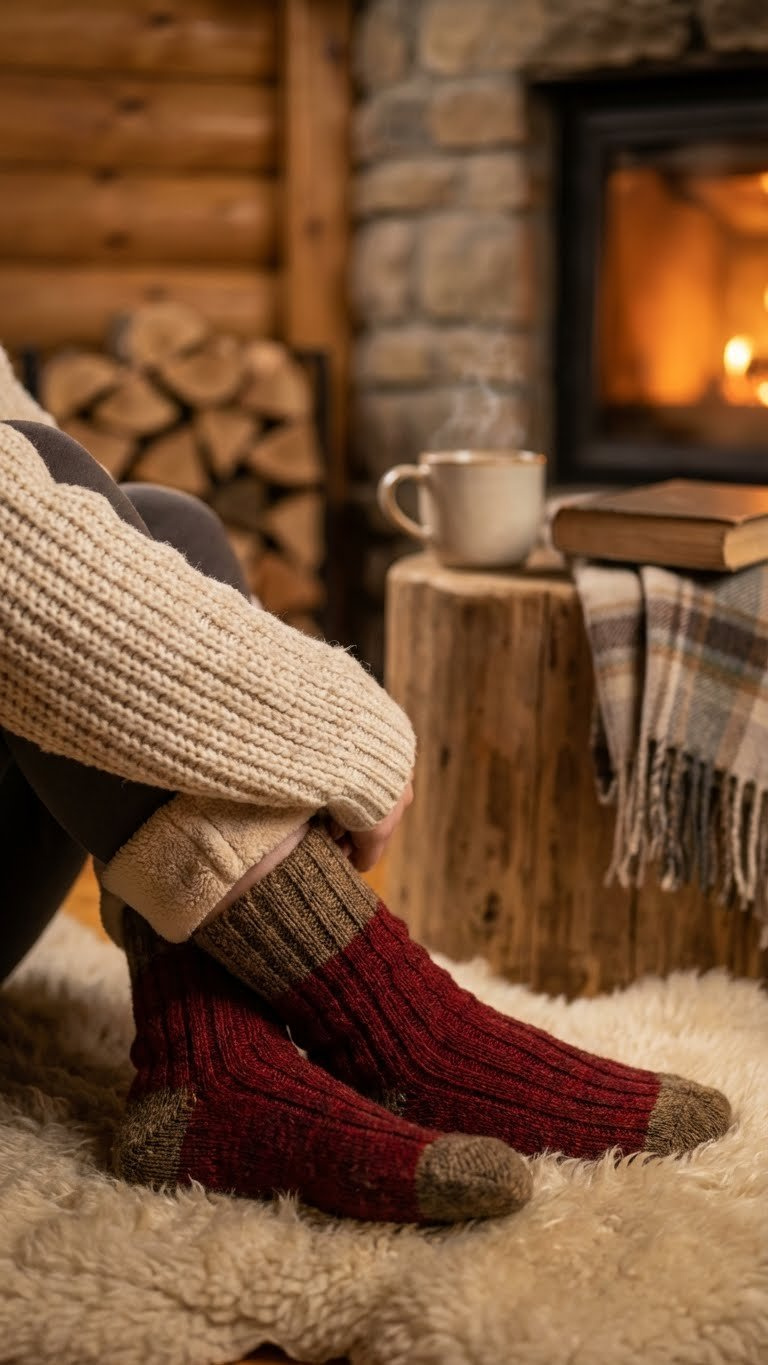 Cozy cabin comfort: person in chunky knit sweater, wool socks, fleece leggings by fireplace with book and tea.