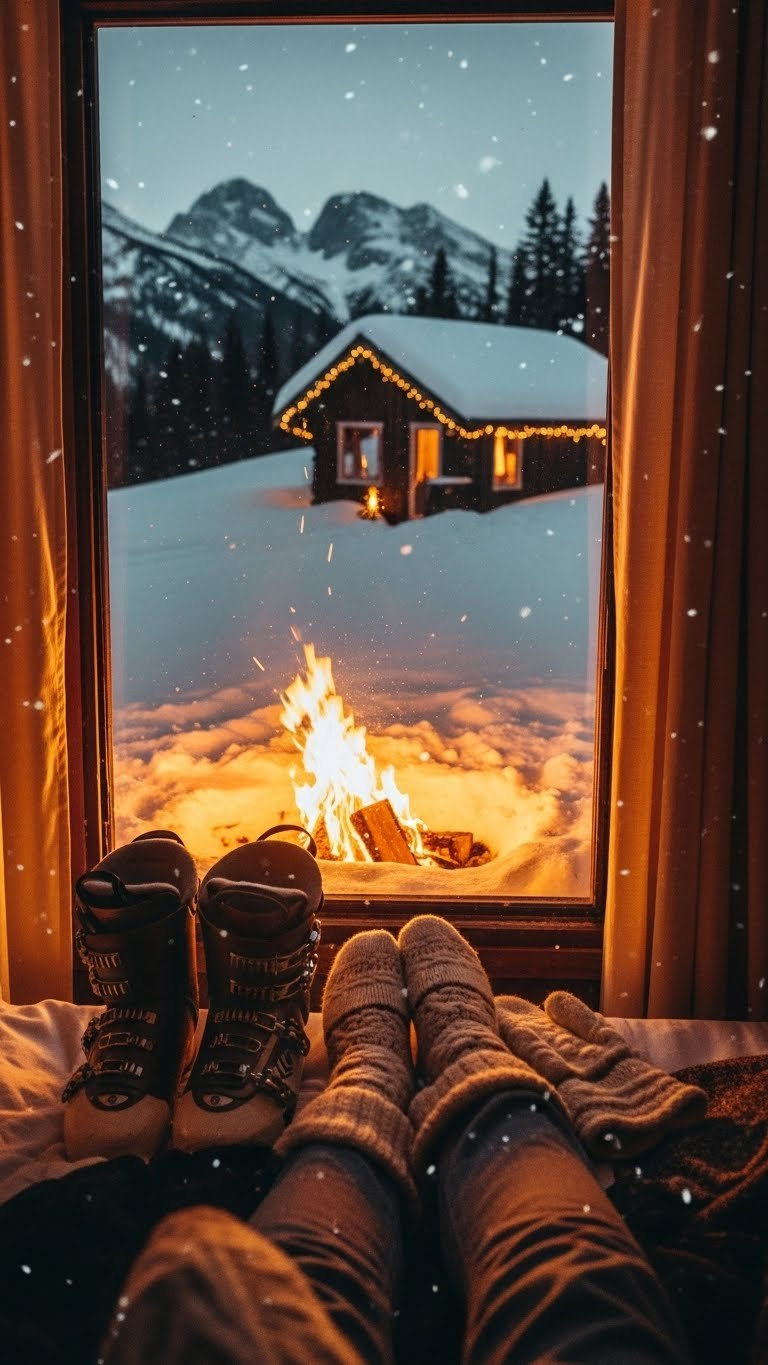 Cozy cabin nestled in snowy mountain landscape with ski boots and mittens ready for adventure