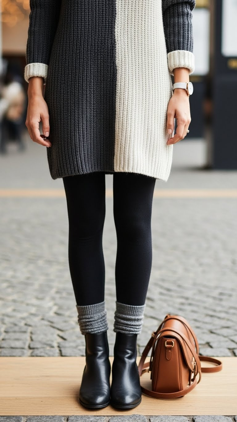 Cozy chunky knit sweater dress in charcoal/cream with black thermal leggings, ankle boots, and wool socks for stylish travel.