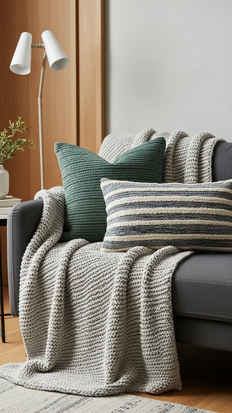 Cozy chunky knit throw blanket and textured accent pillows arranged on dark gray sofa in masculine living space