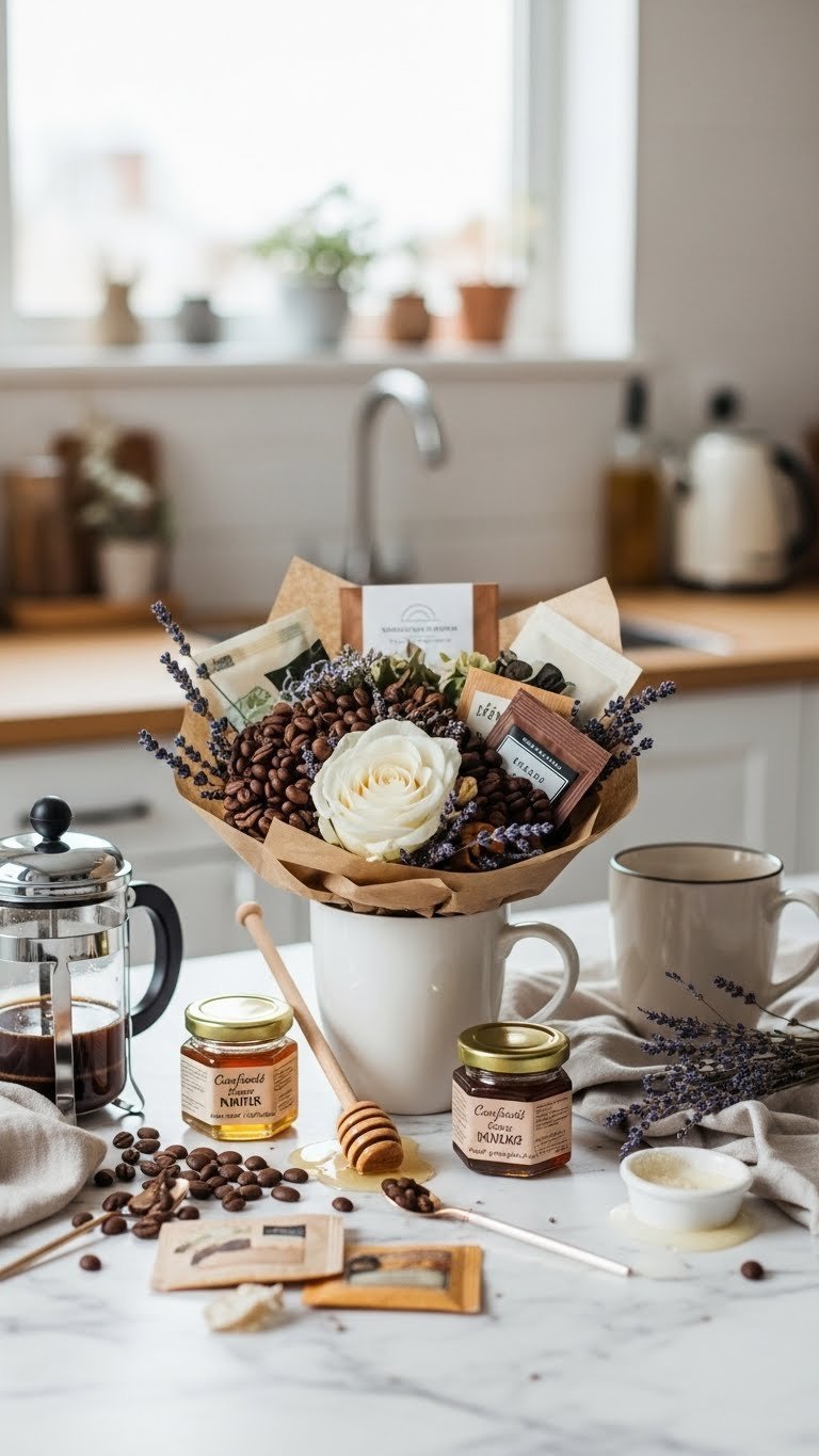 Cozy coffee and tea lover's bouquet with artisanal coffee beans and tea sachets arranged on light wooden table