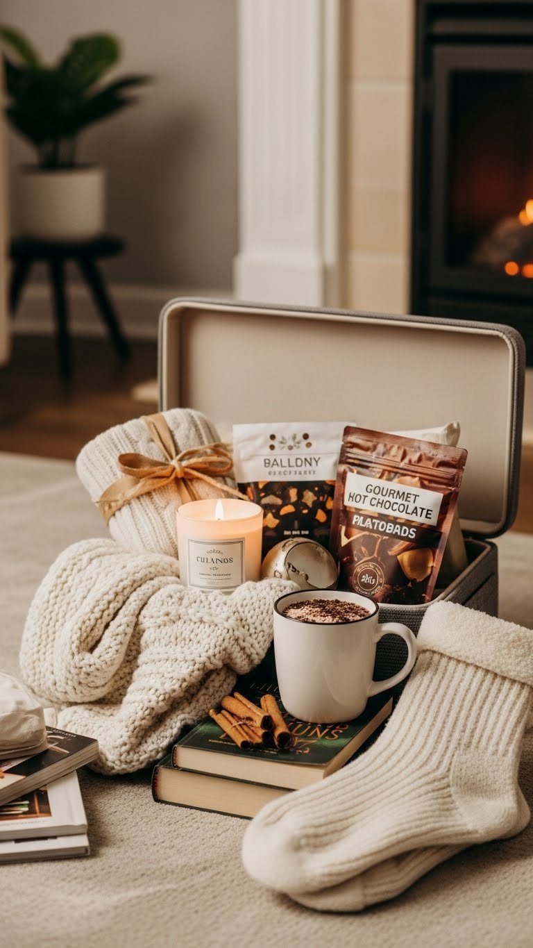 Cozy comfort hamper overflowing with knitted blanket, scented candle, mug, and fuzzy socks by fireplace