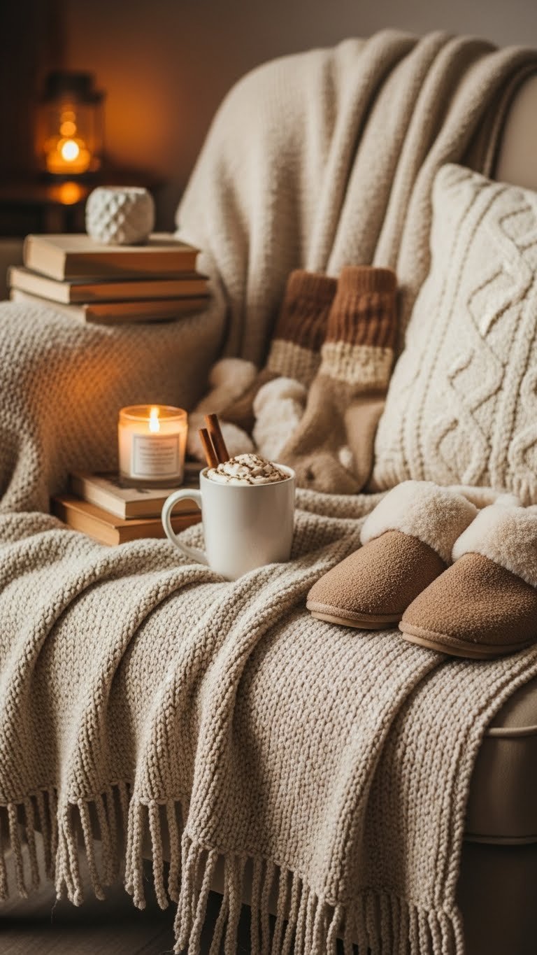Cozy comfort items including plush blanket and steaming cocoa mug on wool blanket