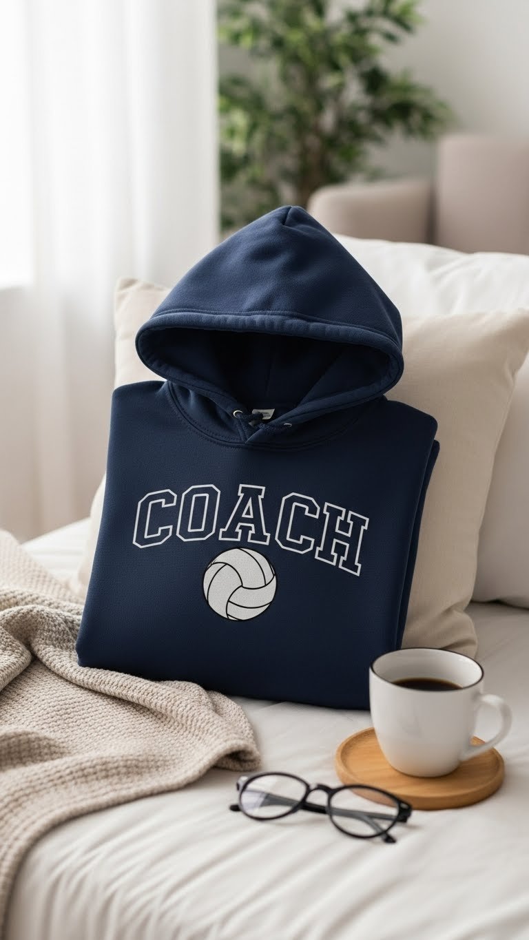 Cozy custom volleyball coach hoodie with embroidered design neatly folded on light-colored bed with soft bokeh background