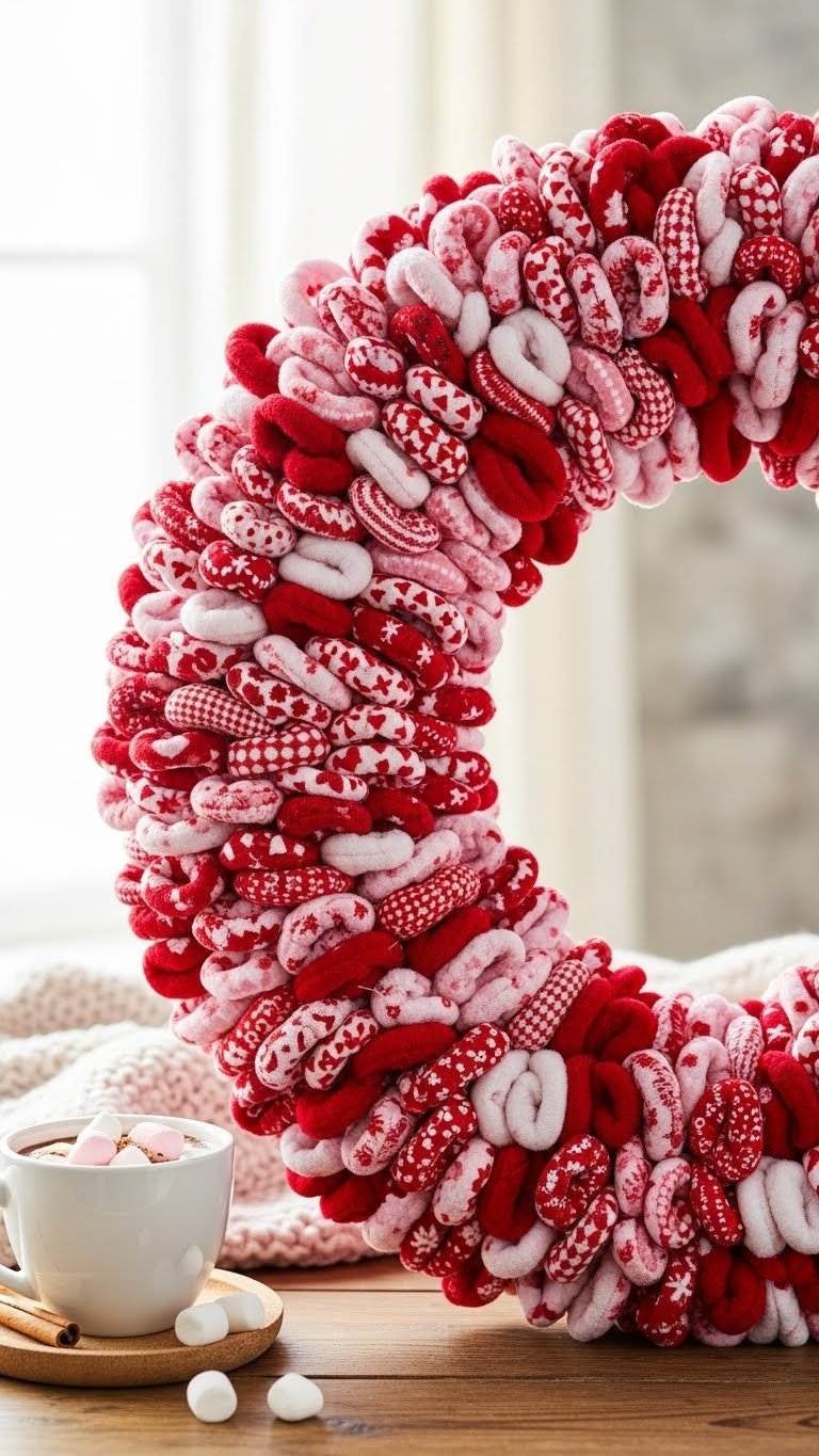 Cozy fabric loop Valentine wreath made from soft red and pink patterned flannel loops.