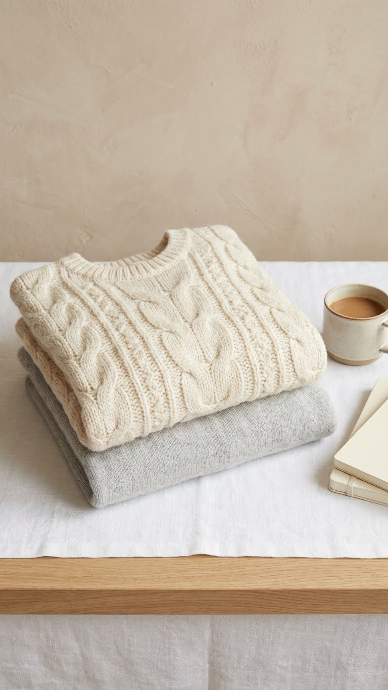 Cozy flat lay of cream and light gray knit sweaters, folded neatly, showcasing soft textures and warmth for winter fashion.