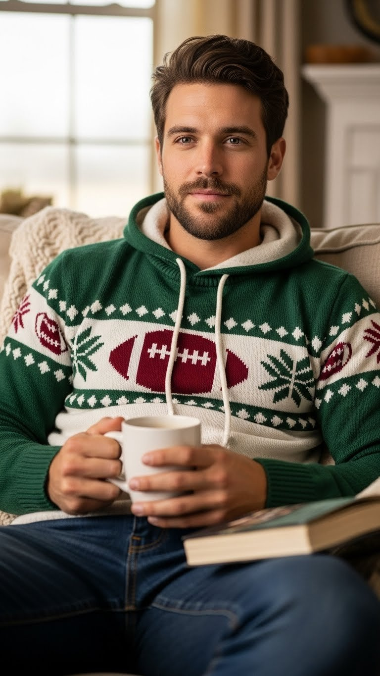 Cozy football fan wearing team-branded hoodie while lounging on sofa with warm beverage