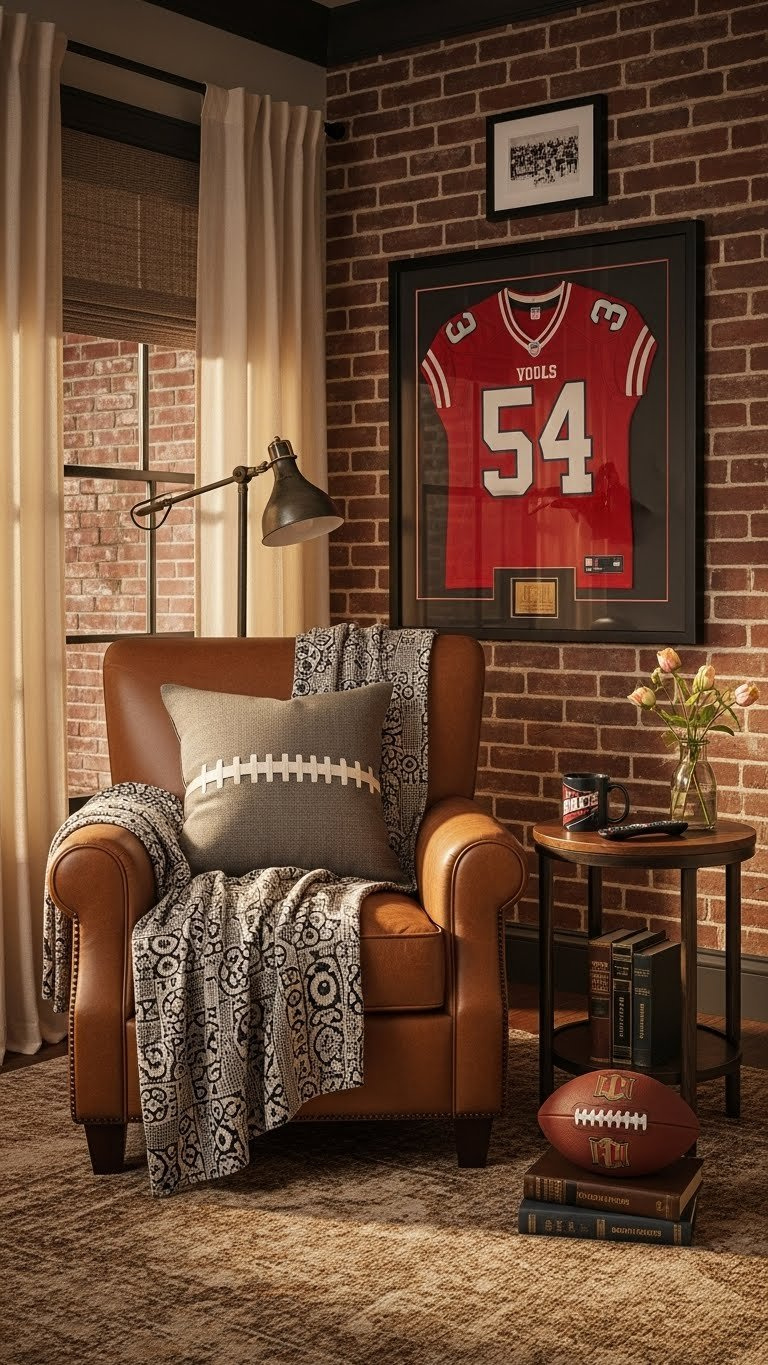 Cozy football-themed man cave corner with leather armchair, framed jersey, and team-branded decor