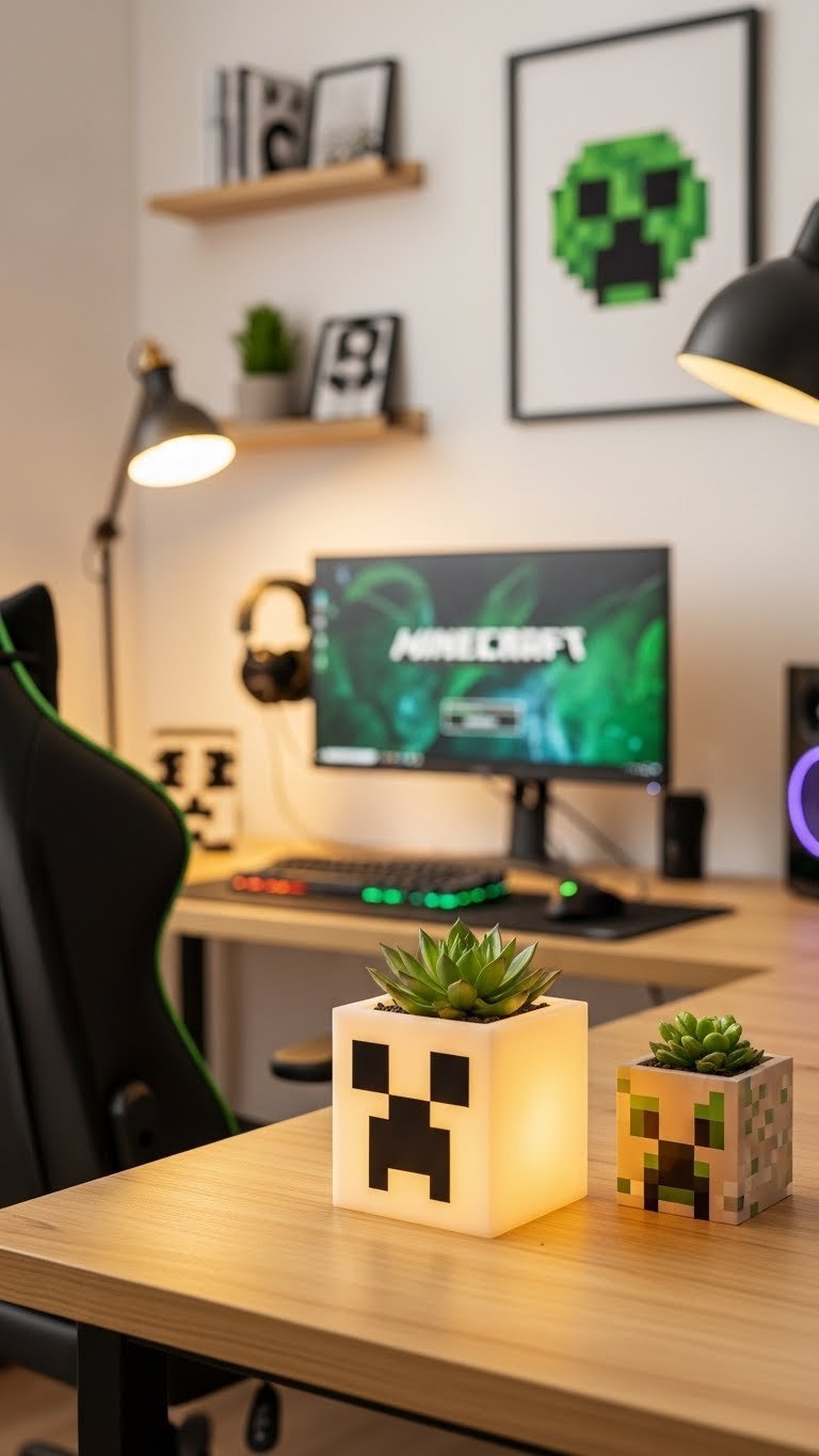 Cozy gaming desk setup with Minecraft-themed home decor including pixelated blocks and creeper planters in warm lighting.